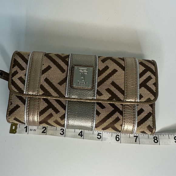 Tignanello Leather & Canvas Trifold Wallet Clutch Monogram T Brown Tan Paisley - Picture 10 of 11